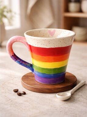 Rainbow Pride Ceramic Pottery Hand Painted Coffee Tea Cup Mug